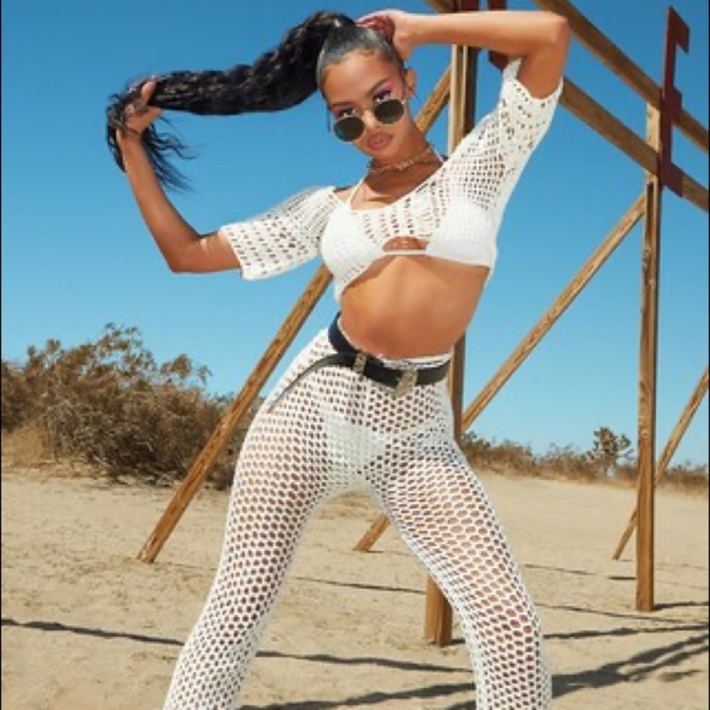 White Crochet Matching Trousers & Crop Top